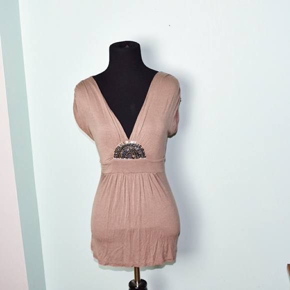 Tops - Stunning Beige Sequin Detail Flowy Blouse